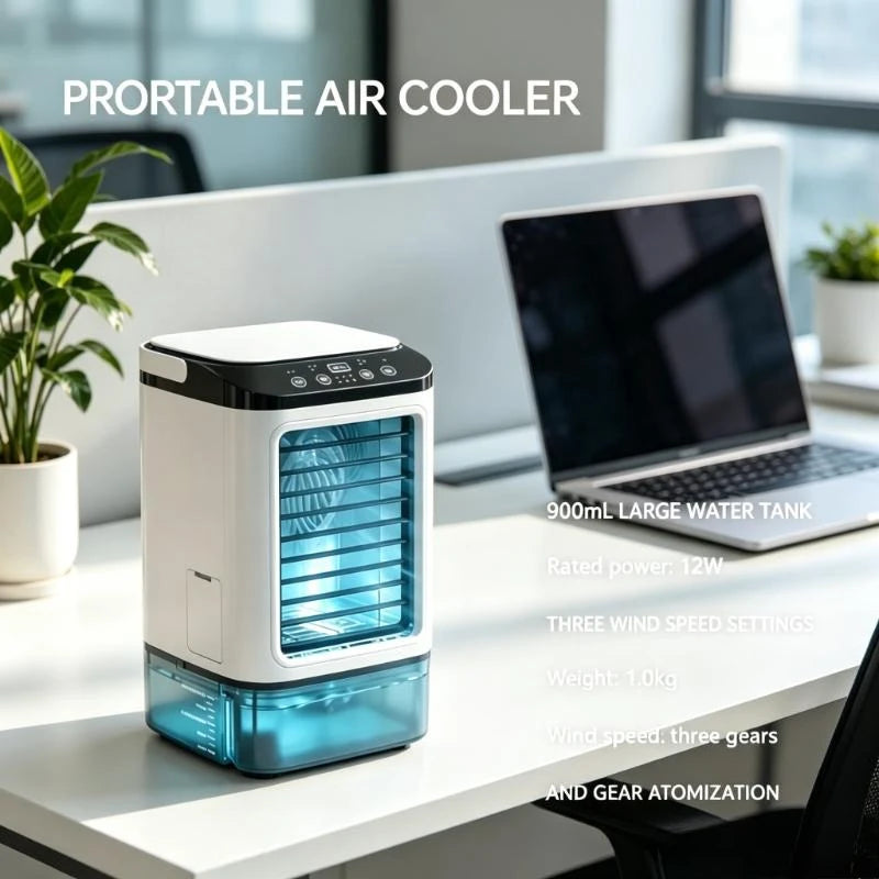 Bedroom Travel Rechargeable Mini Air Cooler 900ml Tank 3-Speed Evaporative Desk Fan with 7-Color Night Light Humidifier