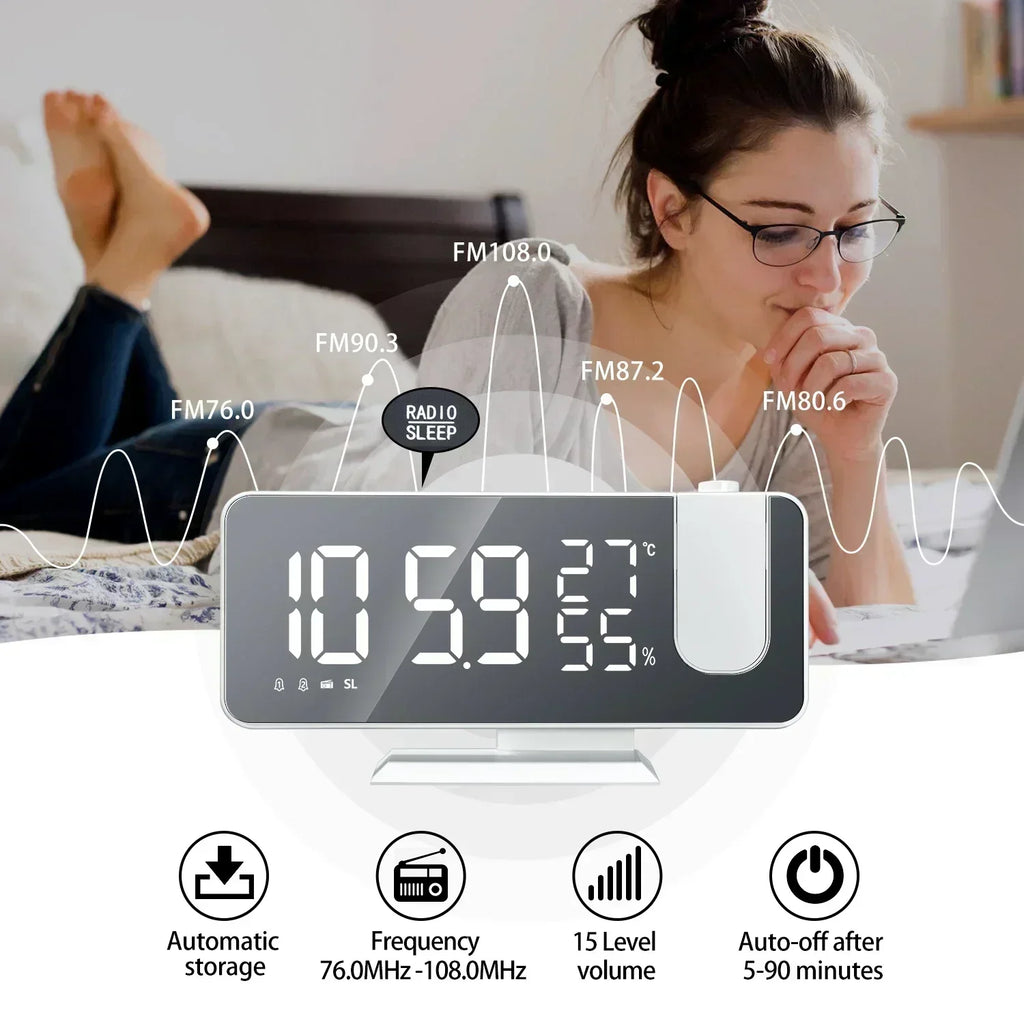 2026 NEW Smart LED Digital Alarm Clock Radio Table Electronic Desktop Clock with 180 Time Projector USB Wake Up Snooze Function