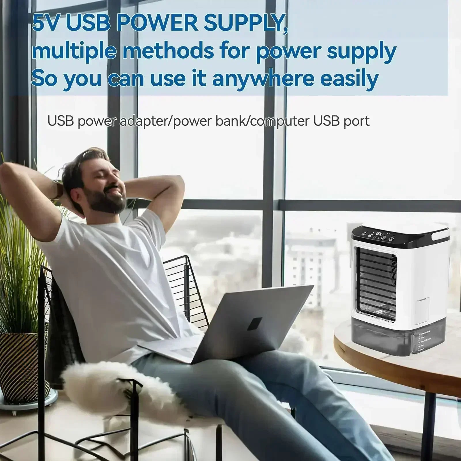 Bedroom Travel Rechargeable Mini Air Cooler 900ml Tank 3-Speed Evaporative Desk Fan with 7-Color Night Light Humidifier