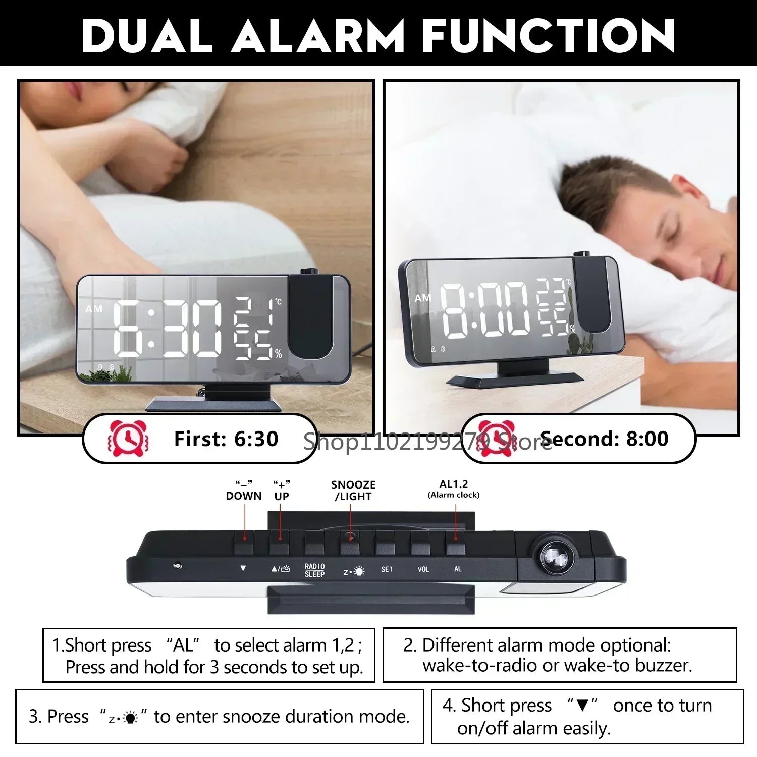 2026 NEW Smart LED Digital Alarm Clock Radio Table Electronic Desktop Clock with 180 Time Projector USB Wake Up Snooze Function