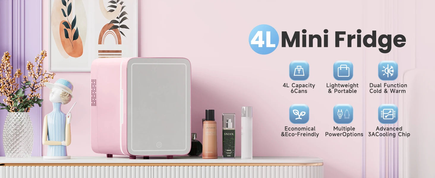Skincare Fridge With Dimmable LED Light Mirror 4L Makeup Mini Fridge for Bedroom, Car, Office Portable Small Refrigerator