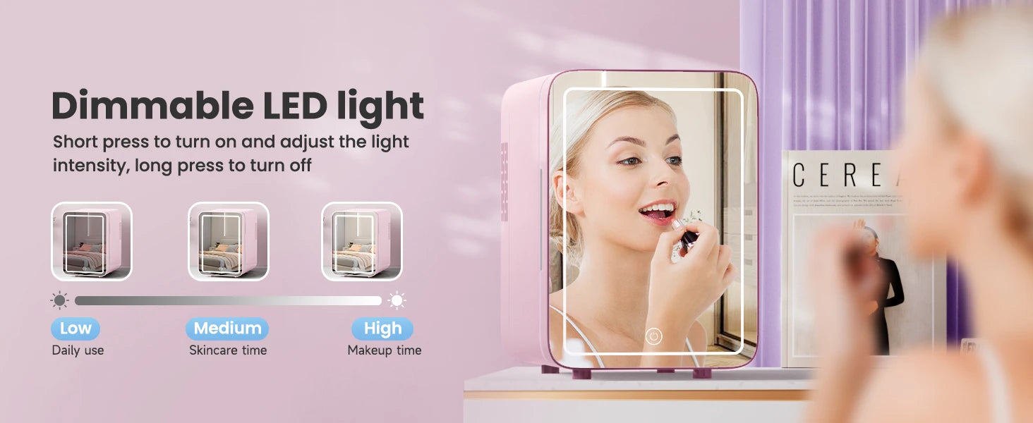 Skincare Fridge With Dimmable LED Light Mirror 4L Makeup Mini Fridge for Bedroom, Car, Office Portable Small Refrigerator