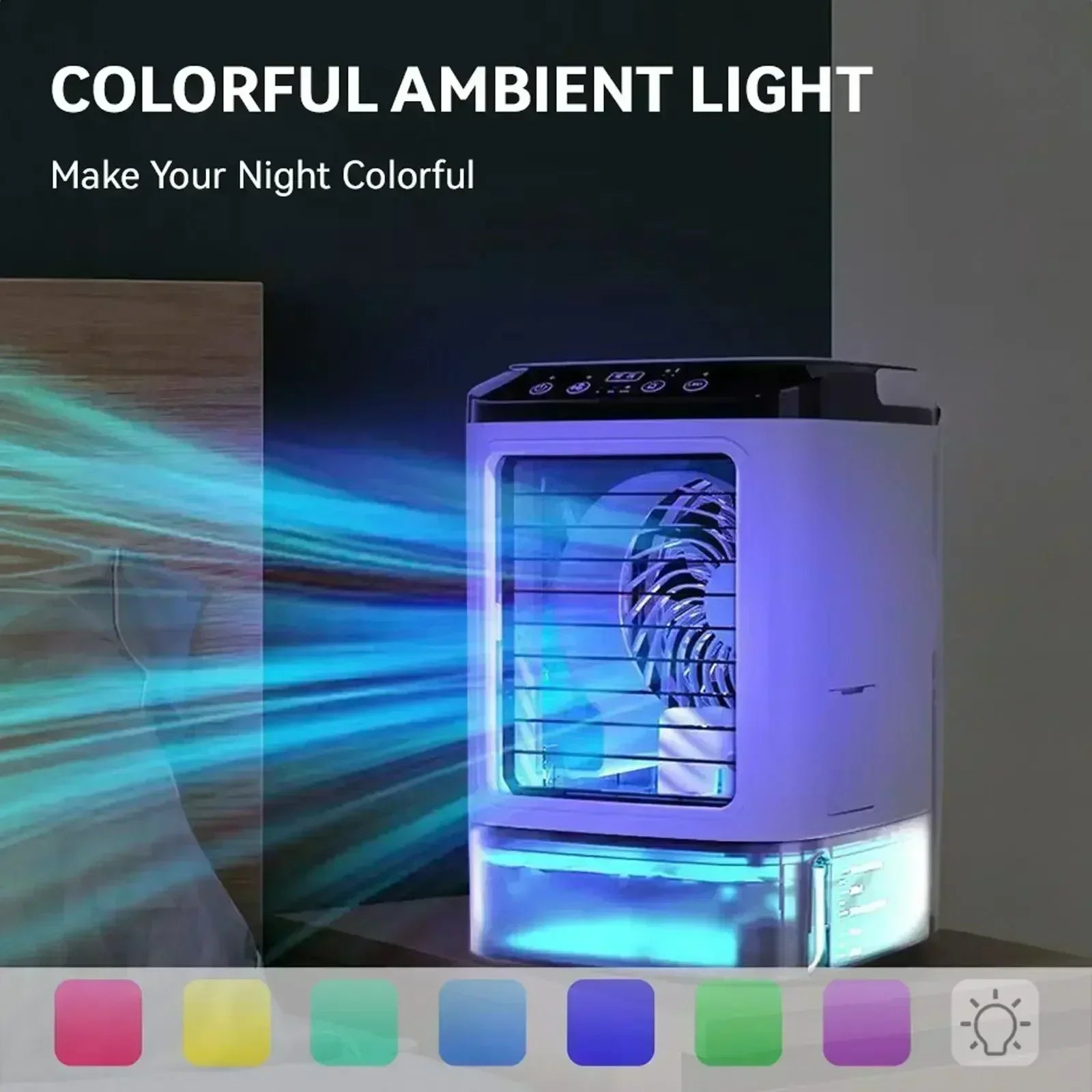 Bedroom Travel Rechargeable Mini Air Cooler 900ml Tank 3-Speed Evaporative Desk Fan with 7-Color Night Light Humidifier
