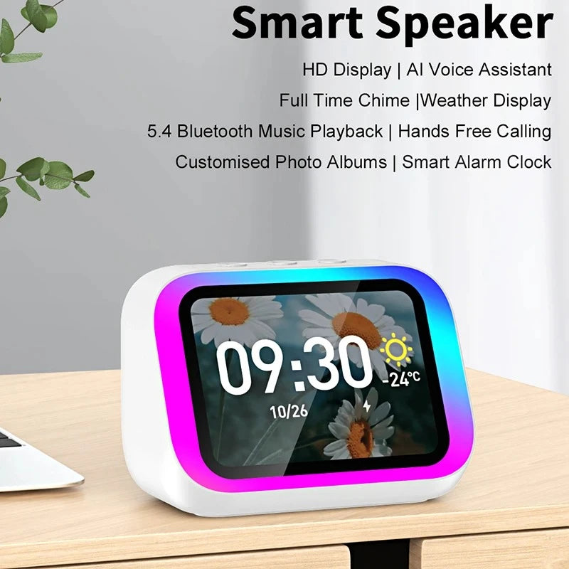 Smart Bluetooth Alarm Clock Speaker with Weather Display Night Light Music Story Player Photo Frame APP Control