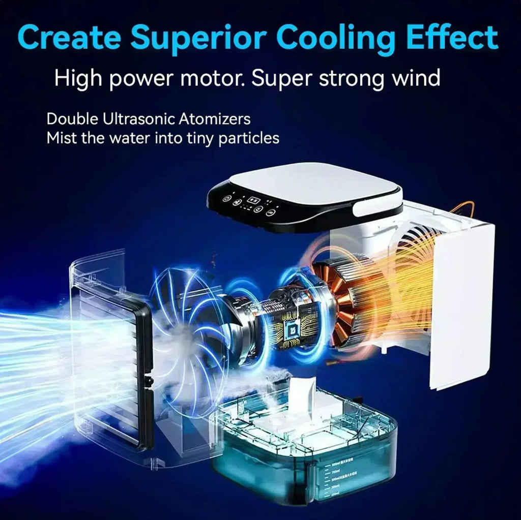 Bedroom Travel Rechargeable Mini Air Cooler 900ml Tank 3-Speed Evaporative Desk Fan with 7-Color Night Light Humidifier