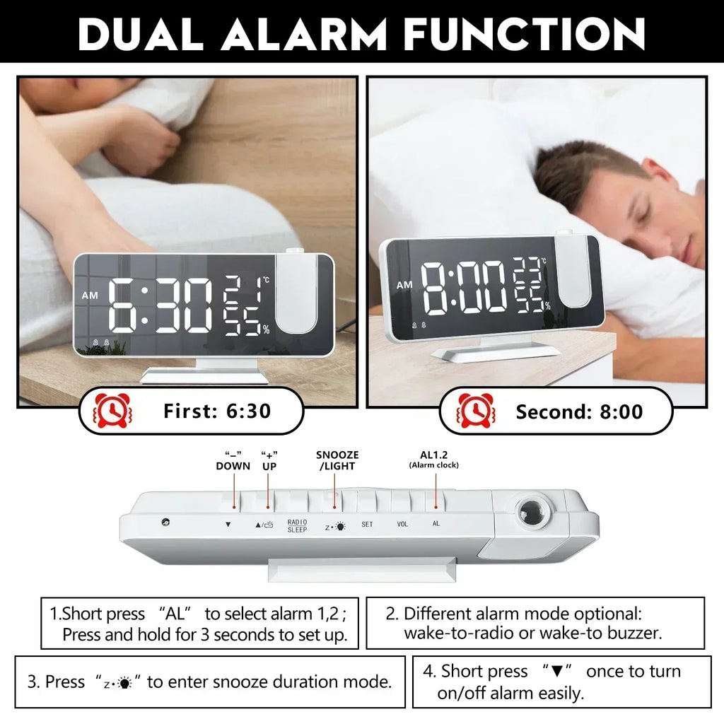 2026 NEW Smart LED Digital Alarm Clock Radio Table Electronic Desktop Clock with 180 Time Projector USB Wake Up Snooze Function