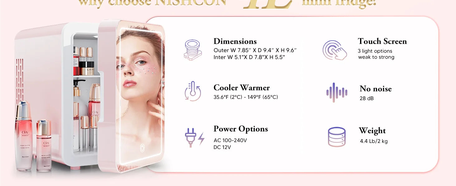 Skincare Fridge With Dimmable LED Light Mirror 4L Makeup Mini Fridge for Bedroom, Car, Office Portable Small Refrigerator