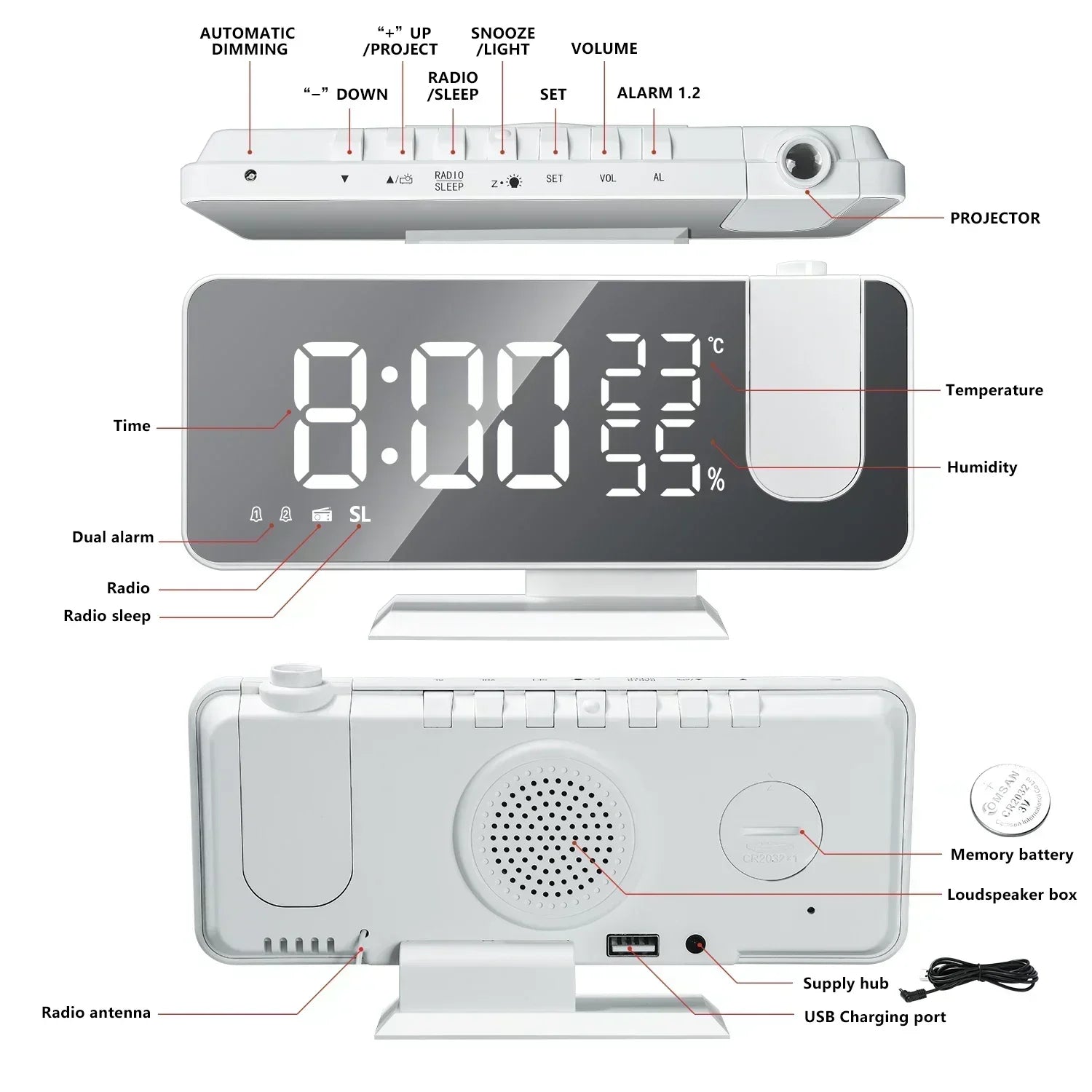 2026 NEW Smart LED Digital Alarm Clock Radio Table Electronic Desktop Clock with 180 Time Projector USB Wake Up Snooze Function