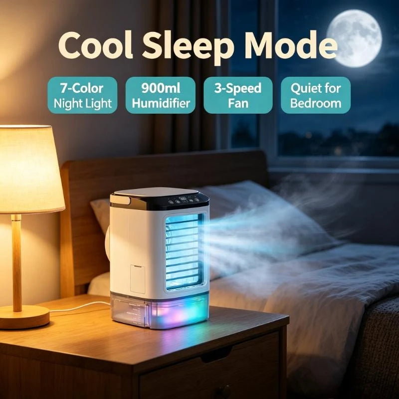 Bedroom Travel Rechargeable Mini Air Cooler 900ml Tank 3-Speed Evaporative Desk Fan with 7-Color Night Light Humidifier