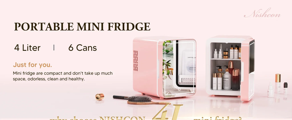Skincare Fridge With Dimmable LED Light Mirror 4L Makeup Mini Fridge for Bedroom, Car, Office Portable Small Refrigerator
