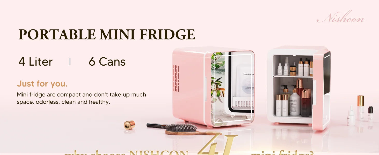 Skincare Fridge With Dimmable LED Light Mirror 4L Makeup Mini Fridge for Bedroom, Car, Office Portable Small Refrigerator